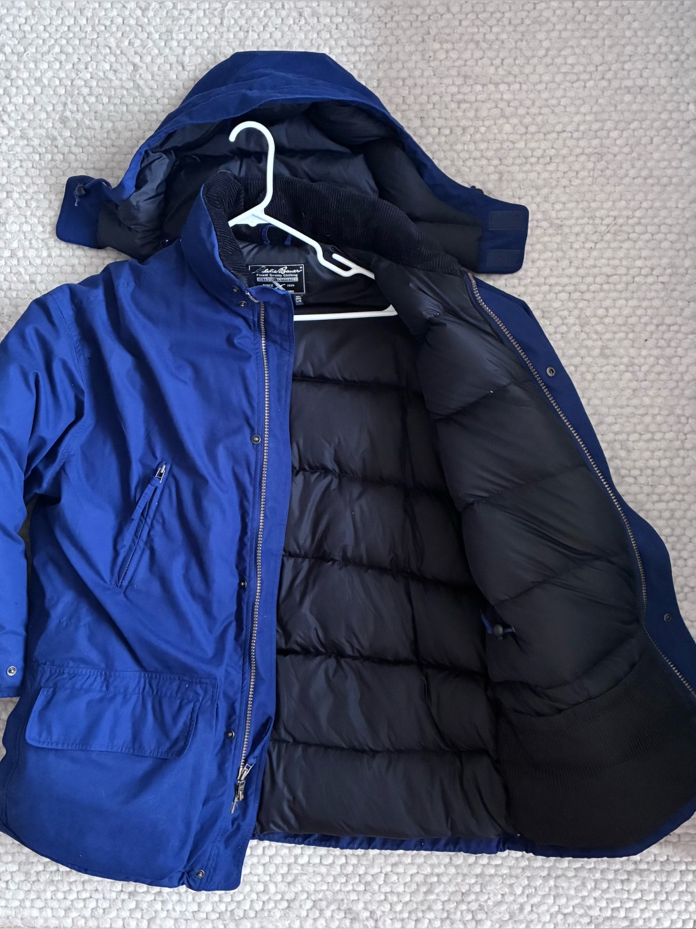 EUC Eddie Bauer goose down Insulated jacket. Wool details, detachable hood coat